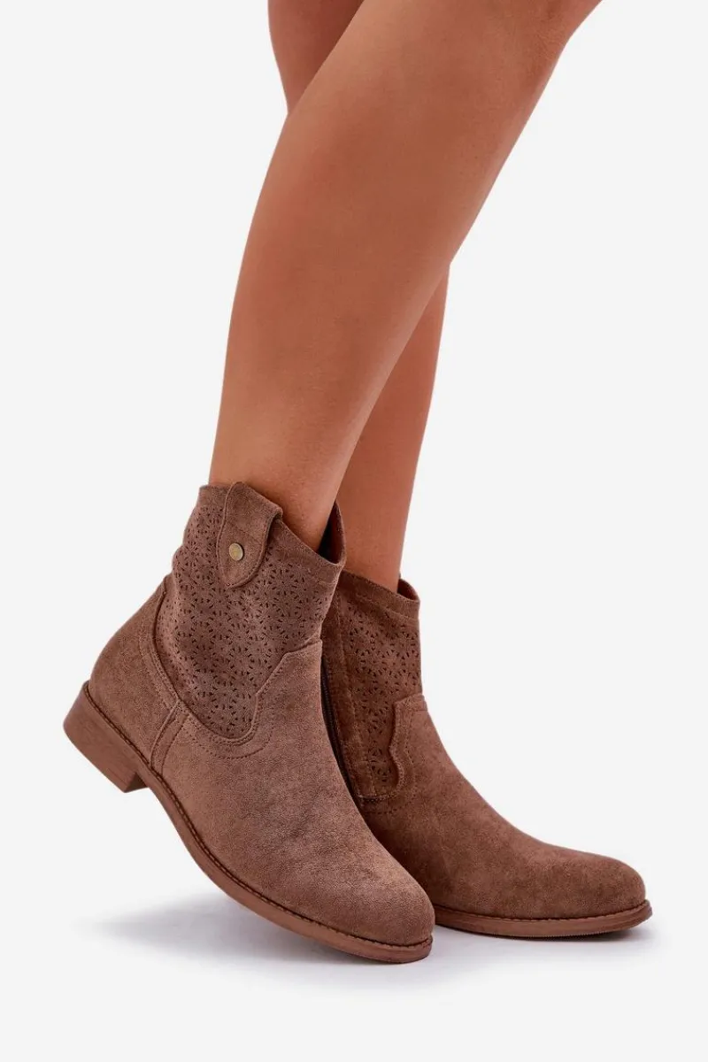 Online Damskie buty S.Barski Ażurowe Botki Na Płaskim Obcasie S.Barski HY51-063 Brązowe