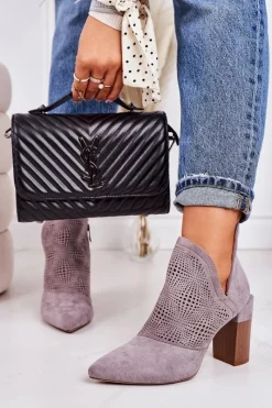 Clearance Ażurowe Botki Na Słupku Szare Michelle Damskie Botki Wiosenne|Botki Na Słupku