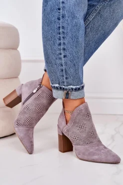 Clearance Ażurowe Botki Na Słupku Szare Michelle Damskie Botki Wiosenne|Botki Na Słupku