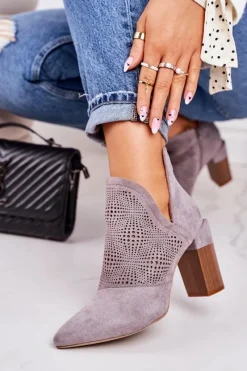 Clearance Ażurowe Botki Na Słupku Szare Michelle Damskie Botki Wiosenne|Botki Na Słupku