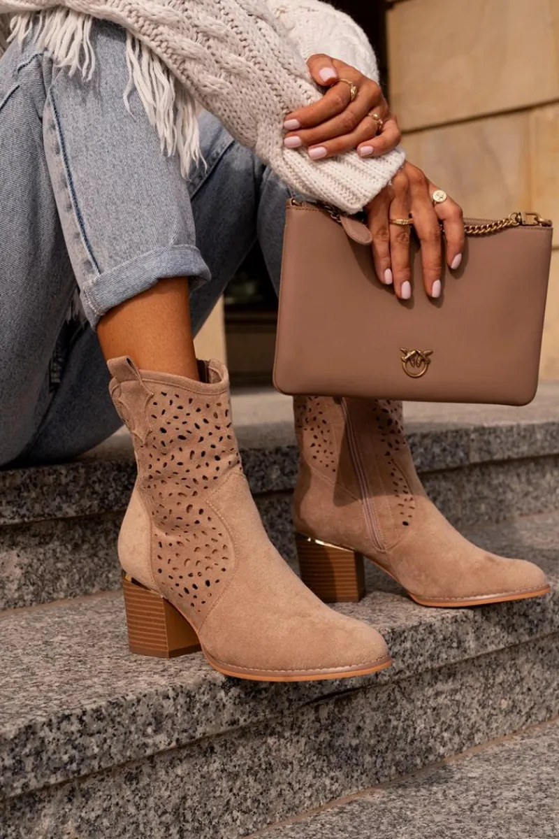 Botki Na Słupku|Botki Ażurowe>Boto Ażurowe Botki Na Słupku Z Eko Zamszu Zapinane Na Zamek Ciemnobeżowe Sevana