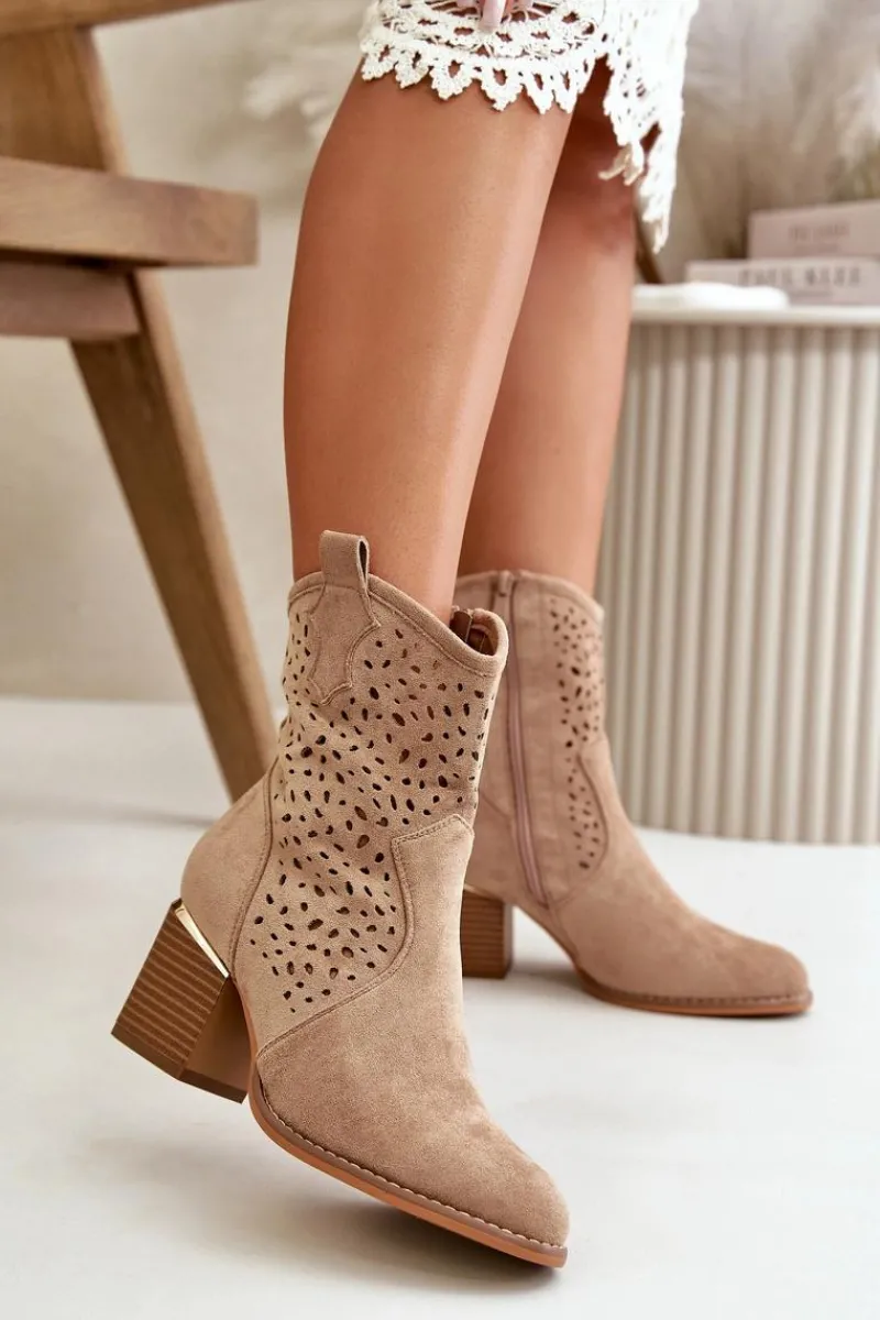 Botki Na Słupku|Botki Ażurowe>Boto Ażurowe Botki Na Słupku Z Eko Zamszu Zapinane Na Zamek Ciemnobeżowe Sevana