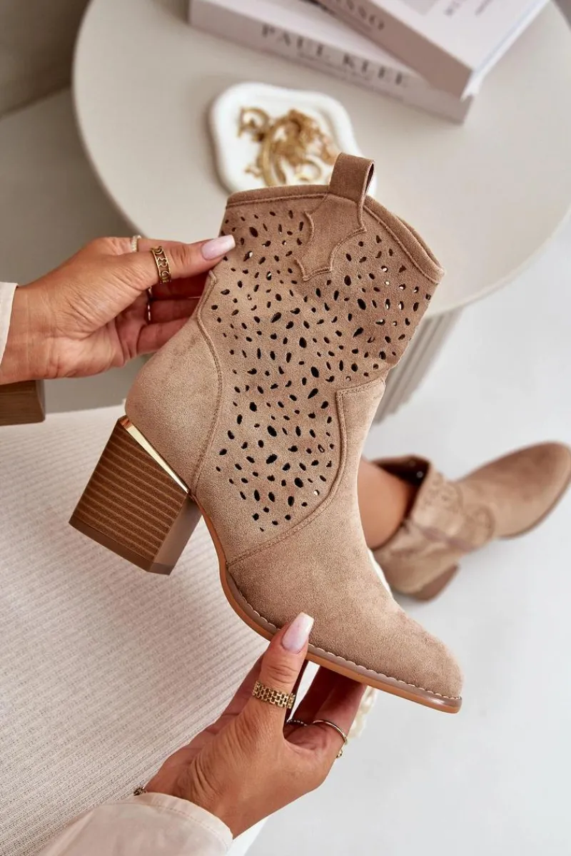 Botki Na Słupku|Botki Ażurowe>Boto Ażurowe Botki Na Słupku Z Eko Zamszu Zapinane Na Zamek Ciemnobeżowe Sevana