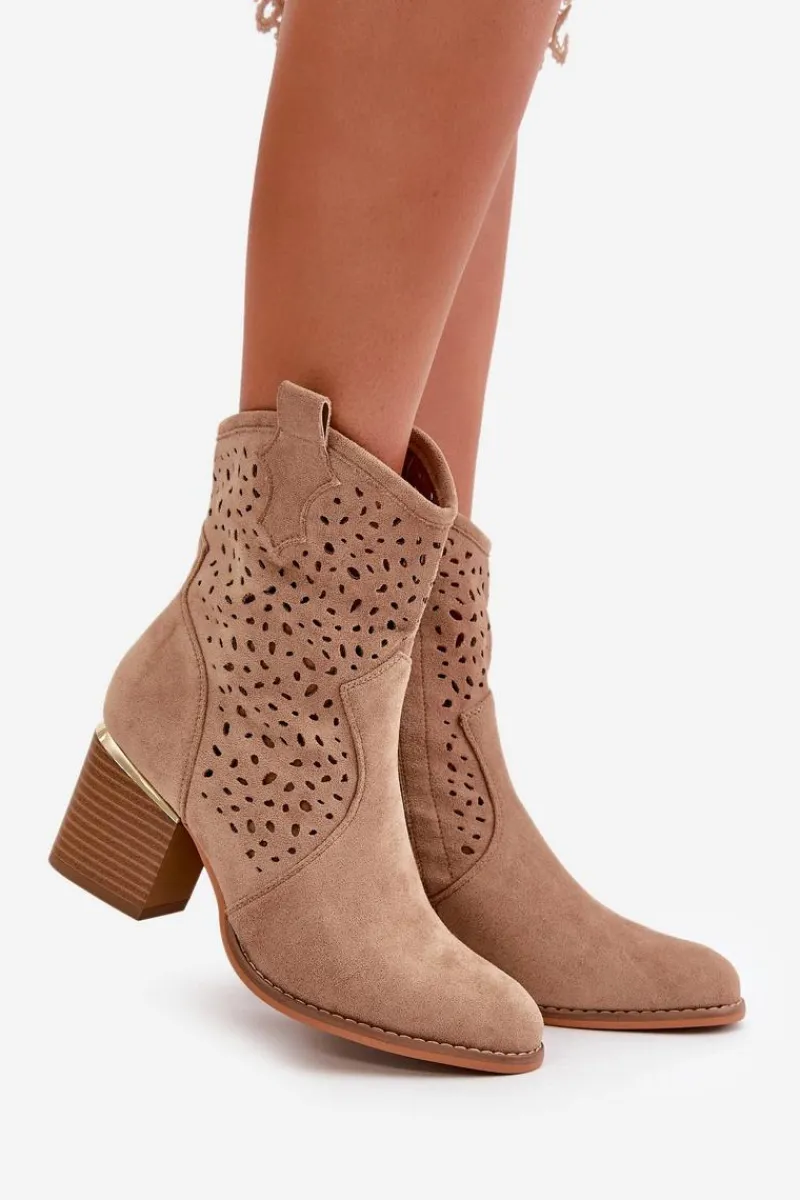 Botki Na Słupku|Botki Ażurowe>Boto Ażurowe Botki Na Słupku Z Eko Zamszu Zapinane Na Zamek Ciemnobeżowe Sevana