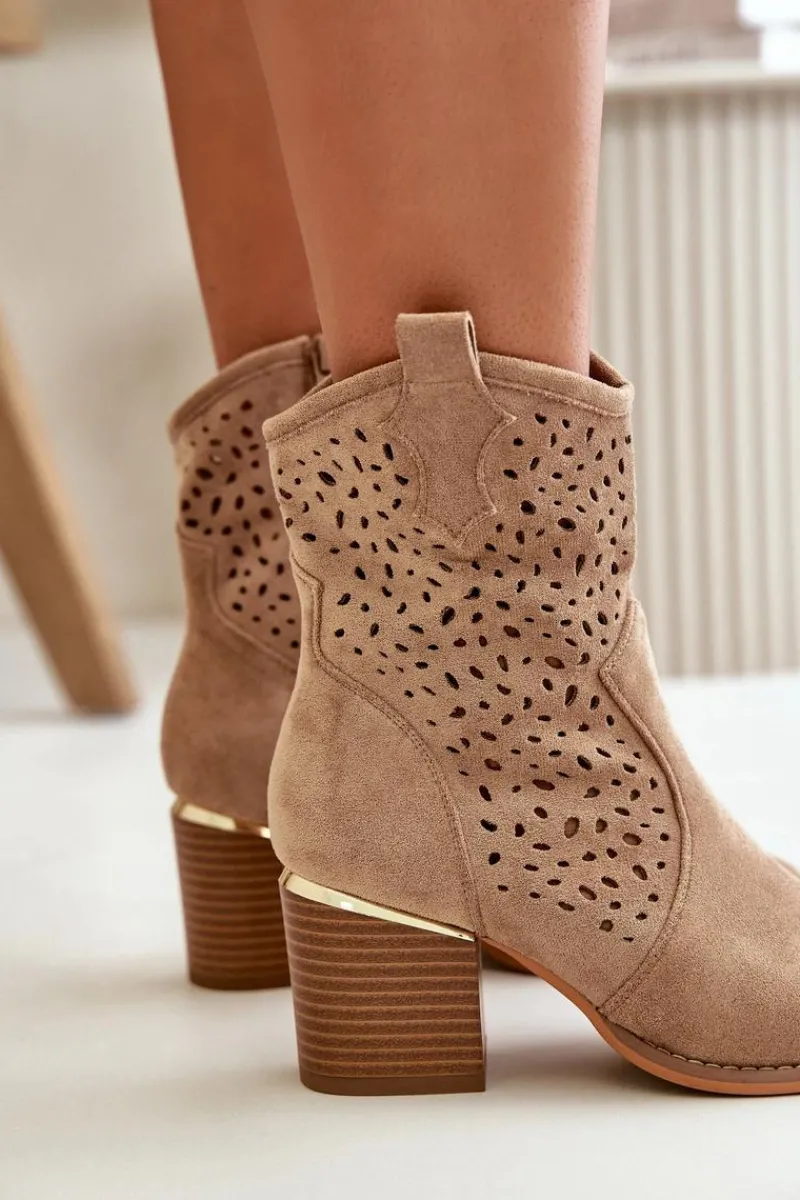 Botki Na Słupku|Botki Ażurowe>Boto Ażurowe Botki Na Słupku Z Eko Zamszu Zapinane Na Zamek Ciemnobeżowe Sevana