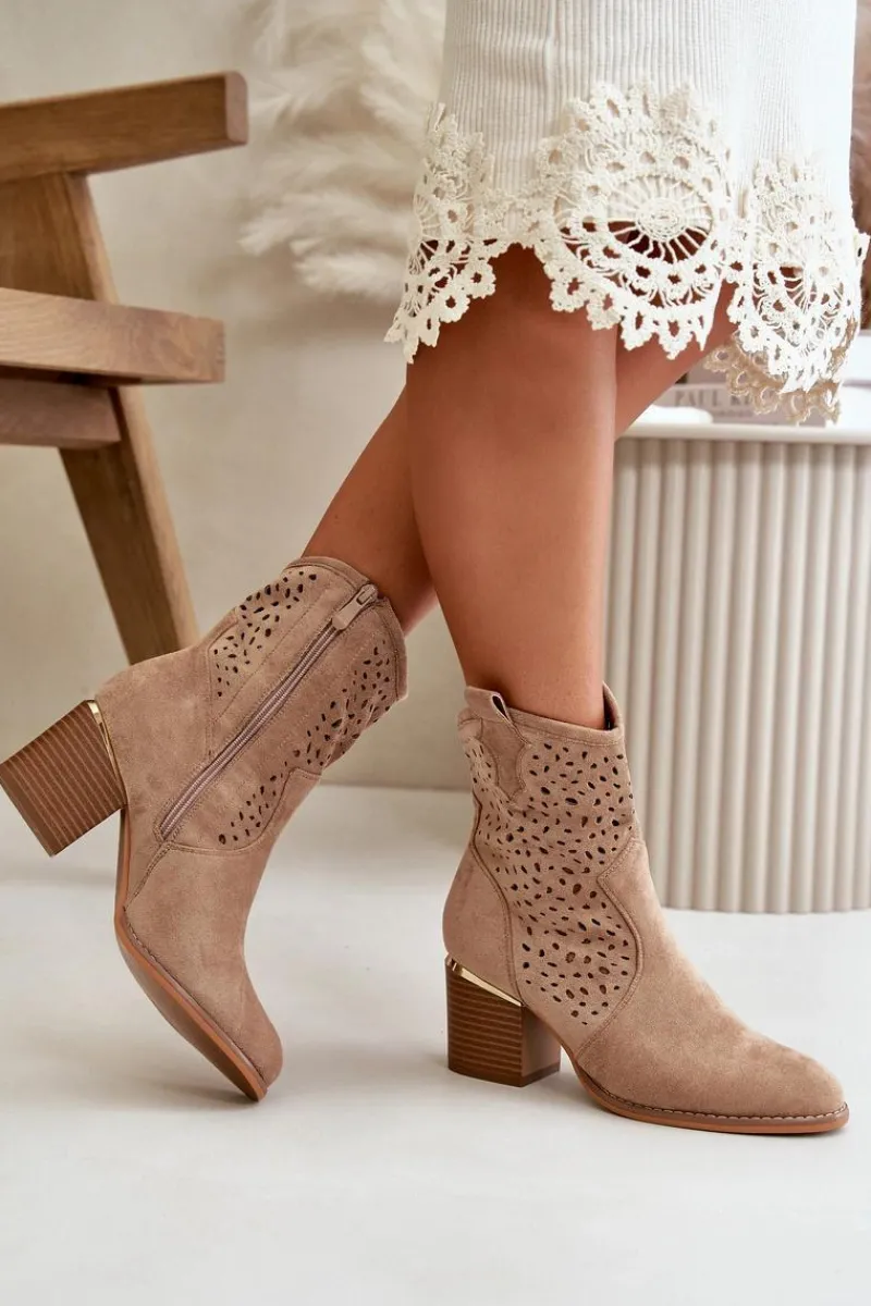 Botki Na Słupku|Botki Ażurowe>Boto Ażurowe Botki Na Słupku Z Eko Zamszu Zapinane Na Zamek Ciemnobeżowe Sevana