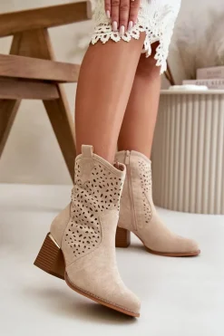 Hot Boto Ażurowe Botki Na Słupku Z Eko Zamszu Zapinane Na Zamek Beżowe Sevana