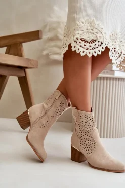 Hot Boto Ażurowe Botki Na Słupku Z Eko Zamszu Zapinane Na Zamek Beżowe Sevana