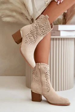 Hot Boto Ażurowe Botki Na Słupku Z Eko Zamszu Zapinane Na Zamek Beżowe Sevana