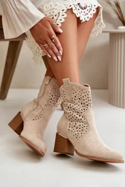 Hot Boto Ażurowe Botki Na Słupku Z Eko Zamszu Zapinane Na Zamek Beżowe Sevana