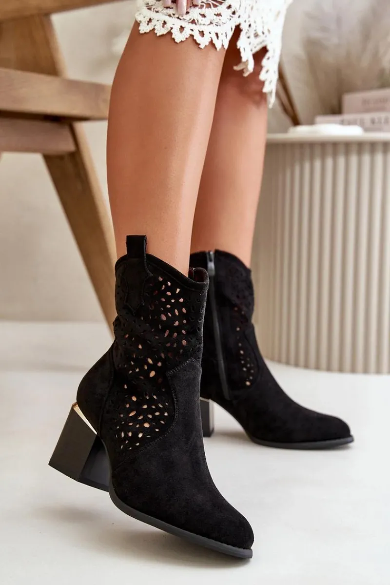 Botki Na Słupku|Botki Ażurowe>Boto Ażurowe Botki Na Słupku Z Eko Zamszu Zapinane Na Zamek Czarne Sevana Czarny