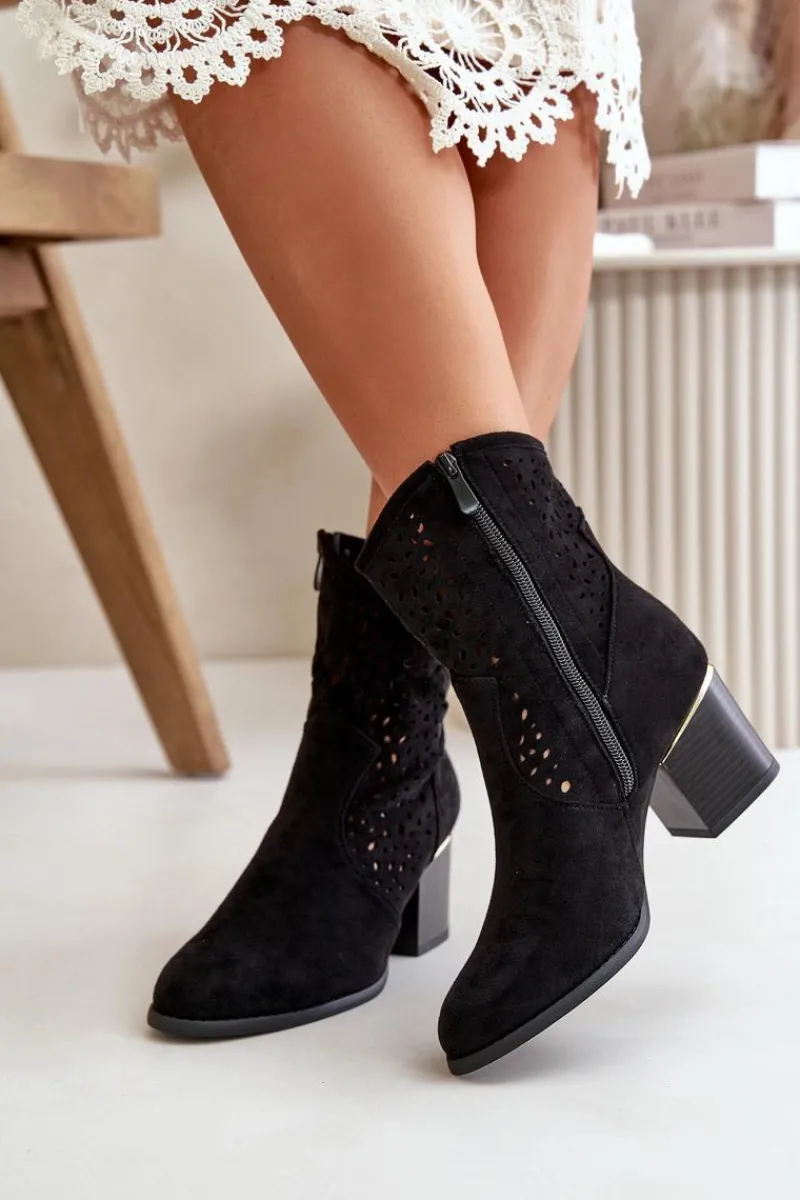 Botki Na Słupku|Botki Ażurowe>Boto Ażurowe Botki Na Słupku Z Eko Zamszu Zapinane Na Zamek Czarne Sevana Czarny