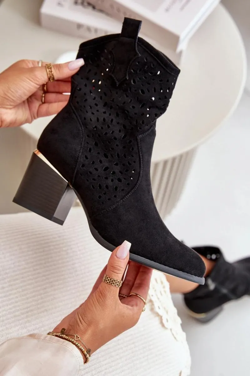 Botki Na Słupku|Botki Ażurowe>Boto Ażurowe Botki Na Słupku Z Eko Zamszu Zapinane Na Zamek Czarne Sevana Czarny