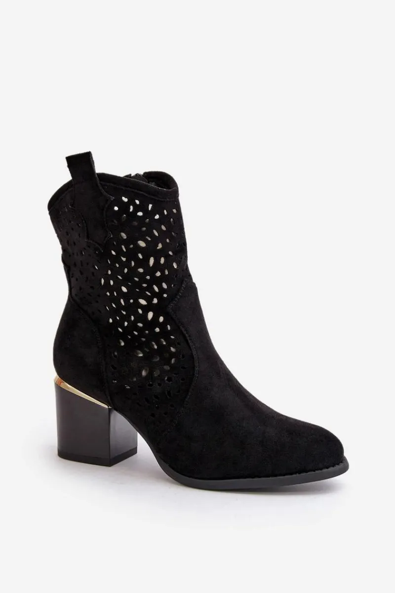 Botki Na Słupku|Botki Ażurowe>Boto Ażurowe Botki Na Słupku Z Eko Zamszu Zapinane Na Zamek Czarne Sevana Czarny