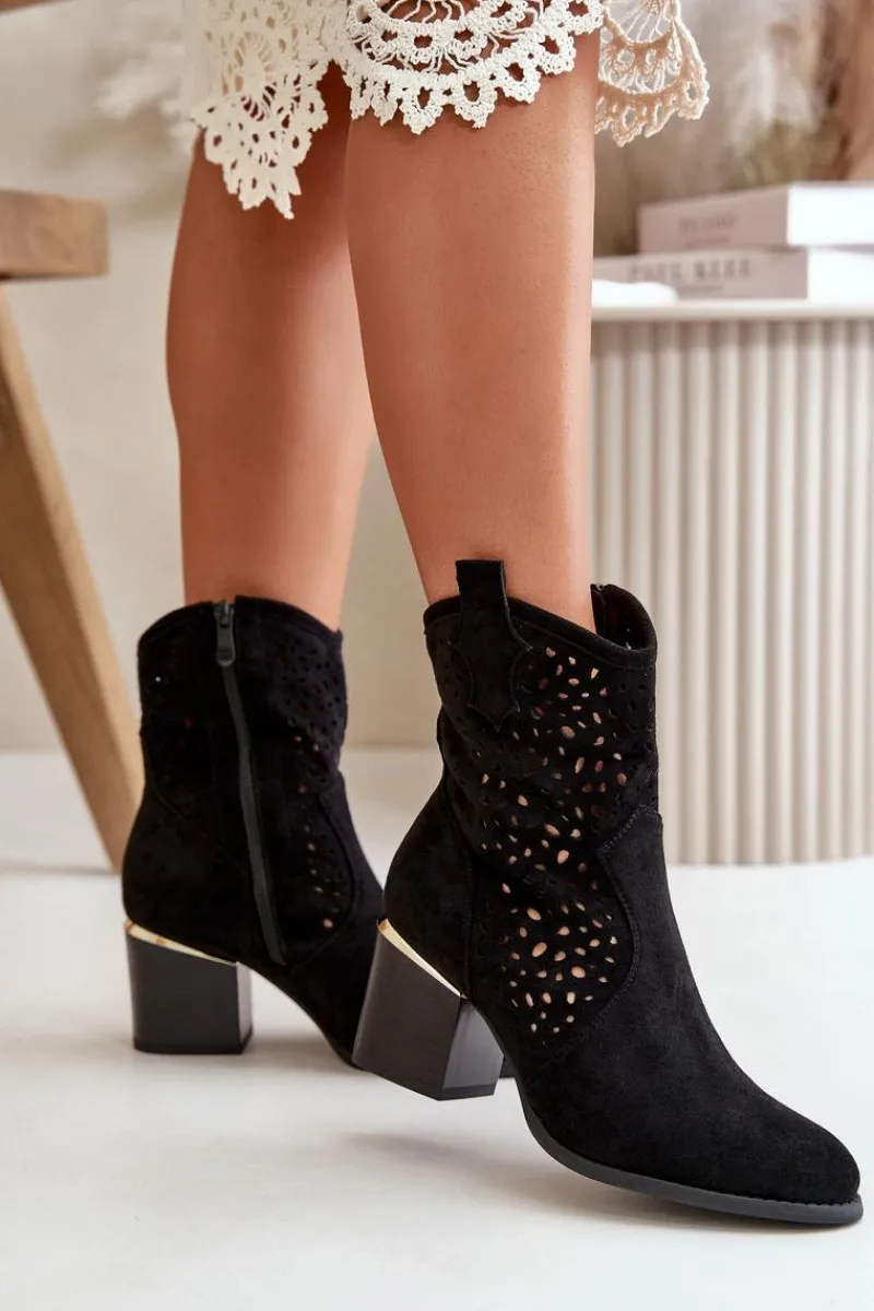Botki Na Słupku|Botki Ażurowe>Boto Ażurowe Botki Na Słupku Z Eko Zamszu Zapinane Na Zamek Czarne Sevana Czarny
