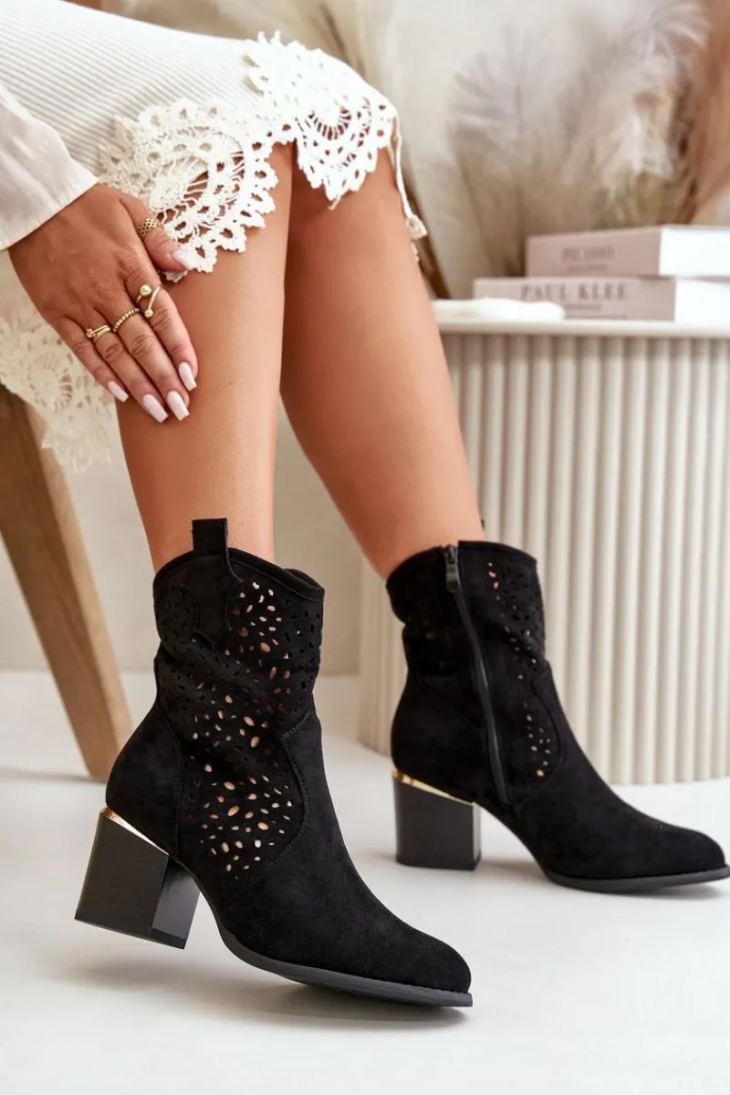 Botki Na Słupku|Botki Ażurowe>Boto Ażurowe Botki Na Słupku Z Eko Zamszu Zapinane Na Zamek Czarne Sevana Czarny