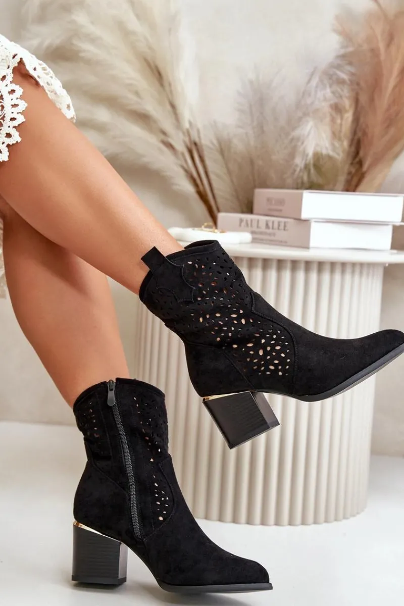 Botki Na Słupku|Botki Ażurowe>Boto Ażurowe Botki Na Słupku Z Eko Zamszu Zapinane Na Zamek Czarne Sevana Czarny