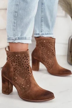 Botki Wiosenne|Botki Na Słupku>Boto Ażurowe Botki Na Słupku Zamszowe Exquisite 1219 Koniak