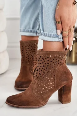 Botki Wiosenne|Botki Na Słupku>Boto Ażurowe Botki Na Słupku Zamszowe Exquisite 1219 Koniak
