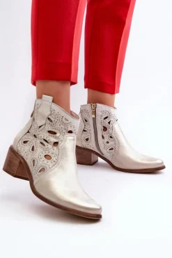 Best Boto Ażurowe Botki Skórzane Lewski Shoes 3170/2 Złoty Przecierany
