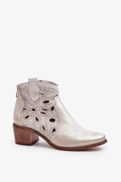 Best Boto Ażurowe Botki Skórzane Lewski Shoes 3170/2 Złoty Przecierany
