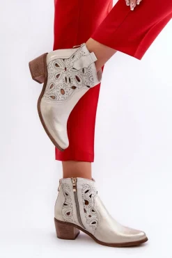 Best Boto Ażurowe Botki Skórzane Lewski Shoes 3170/2 Złoty Przecierany