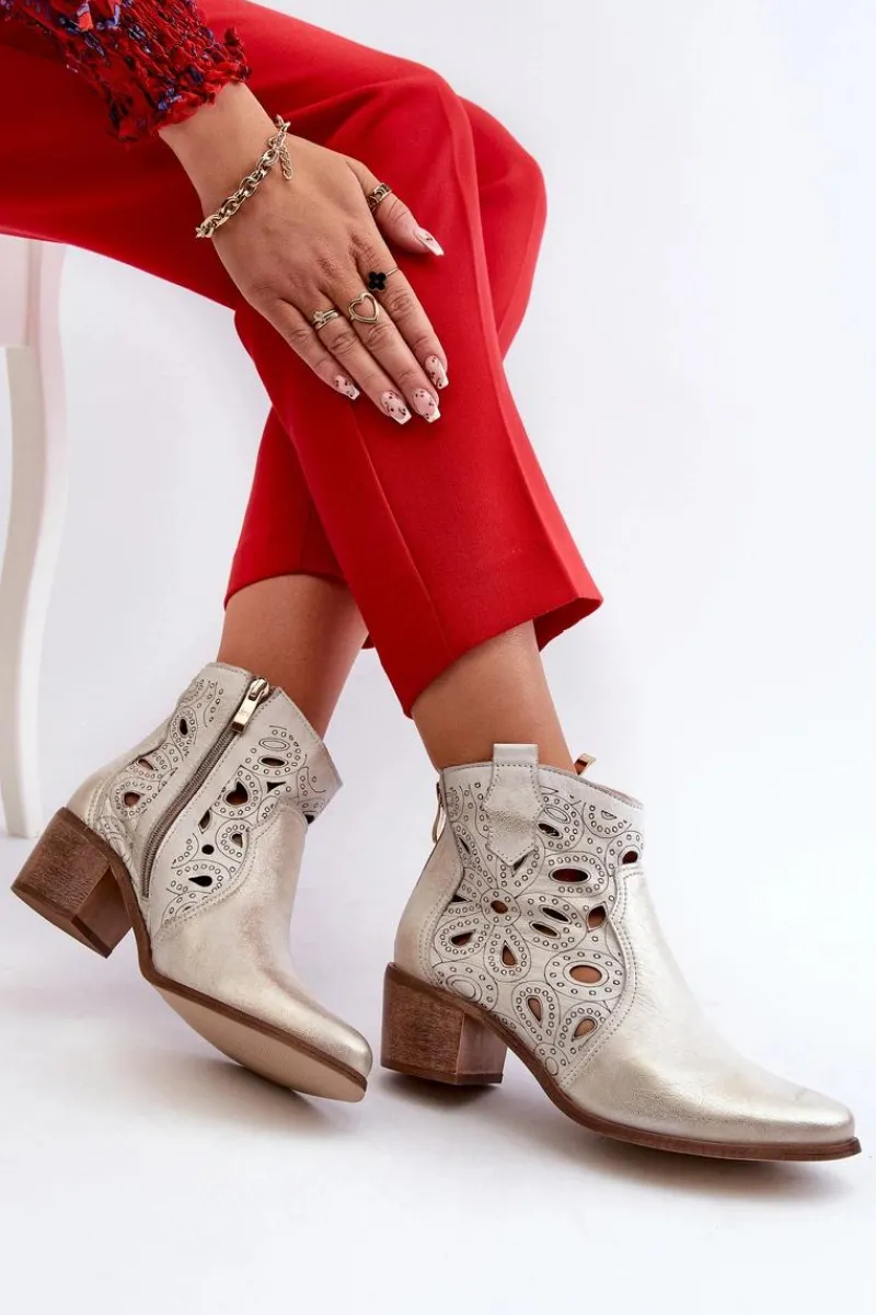 Best Boto Ażurowe Botki Skórzane Lewski Shoes 3170/2 Złoty Przecierany