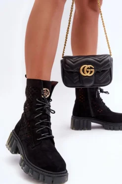 Outlet Boto Ażurowe Botki Workery Czarne Ideally