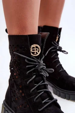 Outlet Boto Ażurowe Botki Workery Czarne Ideally