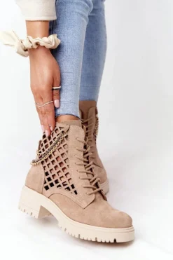 Clearance Boto Ażurowe Botki Workery Lewski Shoes 3030-0 Piaskowe