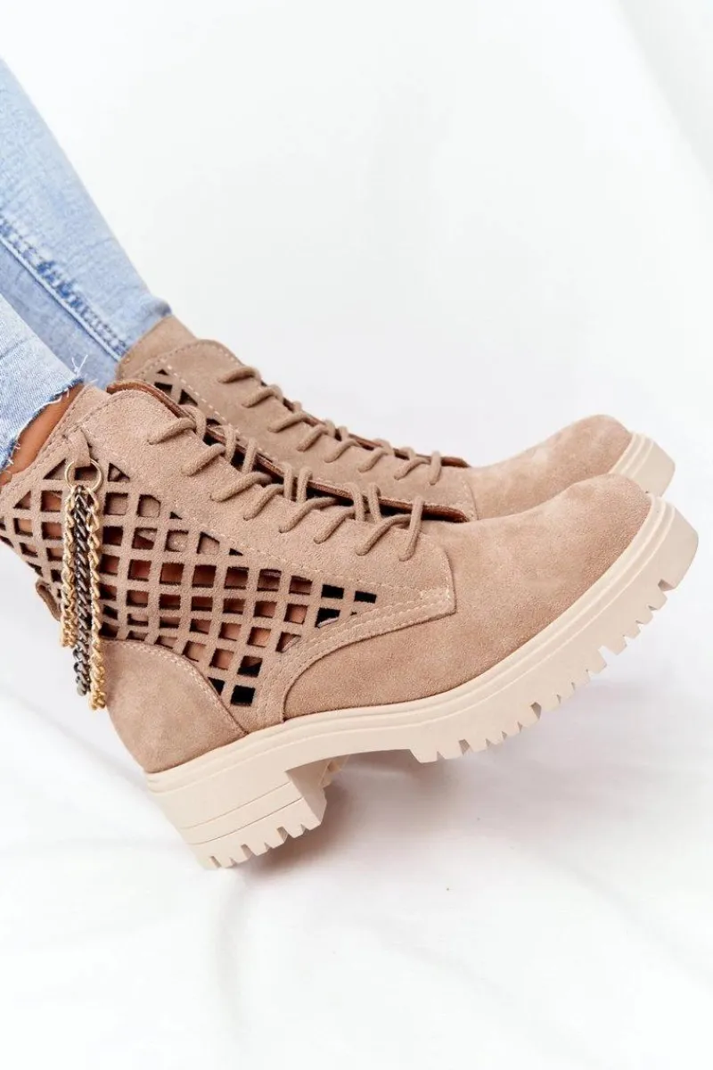 Clearance Boto Ażurowe Botki Workery Lewski Shoes 3030-0 Piaskowe