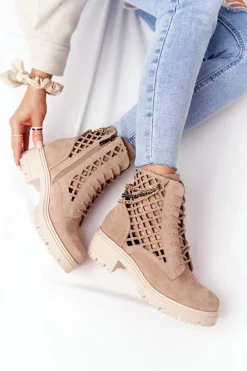 Clearance Boto Ażurowe Botki Workery Lewski Shoes 3030-0 Piaskowe