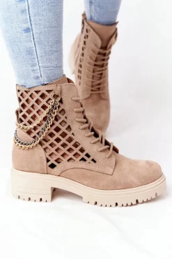 Clearance Boto Ażurowe Botki Workery Lewski Shoes 3030-0 Piaskowe