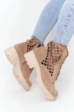Clearance Boto Ażurowe Botki Workery Lewski Shoes 3030-0 Piaskowe
