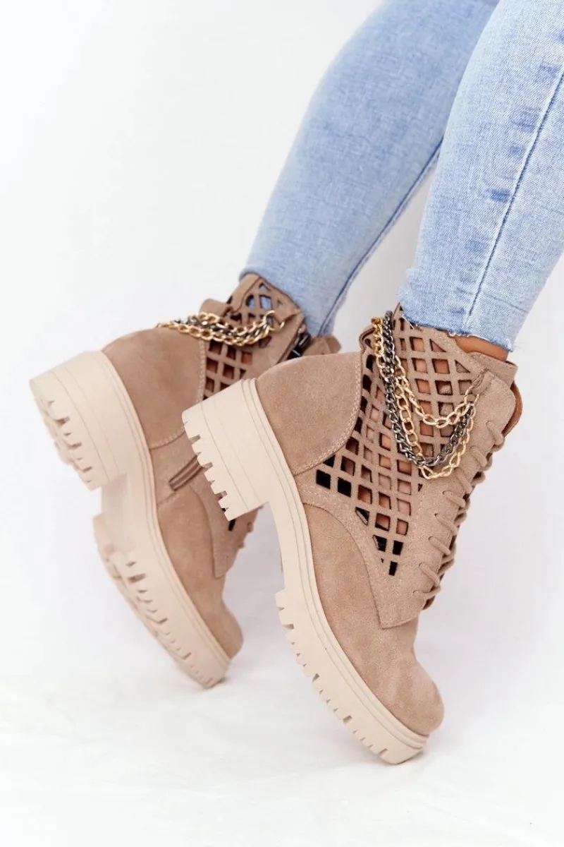 Clearance Boto Ażurowe Botki Workery Lewski Shoes 3030-0 Piaskowe