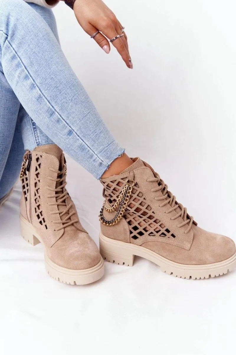 Clearance Boto Ażurowe Botki Workery Lewski Shoes 3030-0 Piaskowe