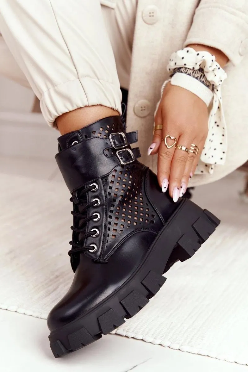 Best Ażurowe Botki Workery Na Platformie Czarne Blown Away Damskie Botki Wiosenne|Czarne Botki