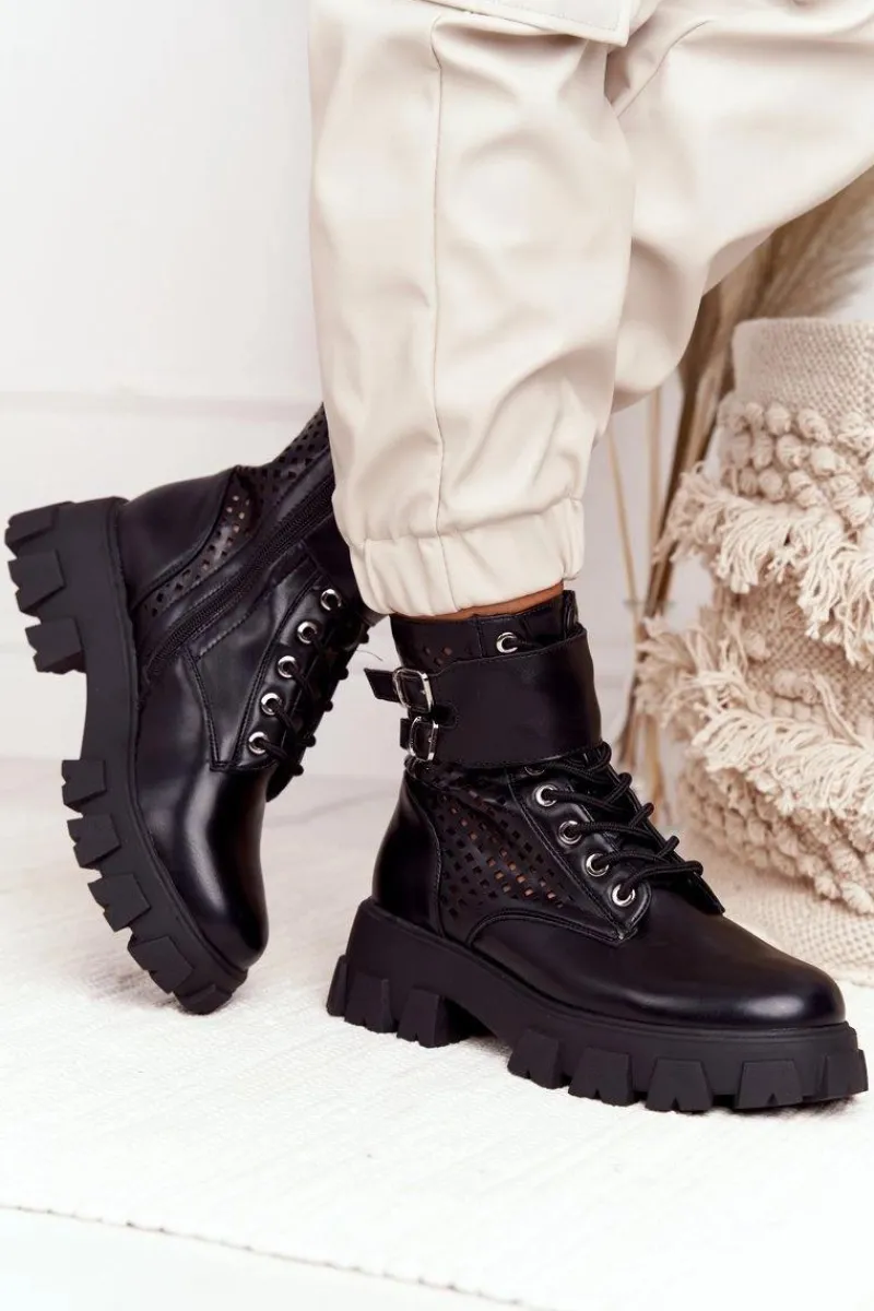 Best Ażurowe Botki Workery Na Platformie Czarne Blown Away Damskie Botki Wiosenne|Czarne Botki