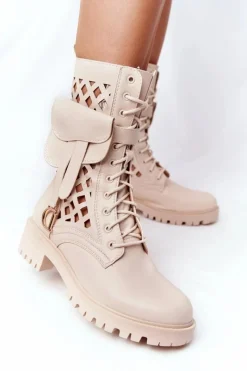 Outlet Boto Ażurowe Botki Z Nerką Beżowe Rock Star