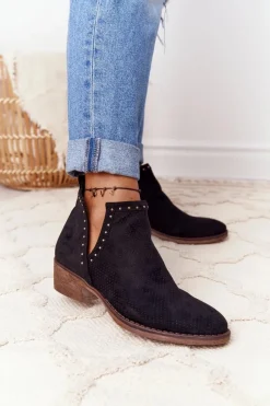 Best Ażurowe Botki Z Wycięciami Czarne Clever Damskie Botki Wiosenne|Czarne Botki