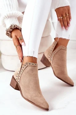 Discount Ażurowe Botki Z Wycięciami Beżowe Western Damskie Botki Wiosenne|Botki Na Słupku