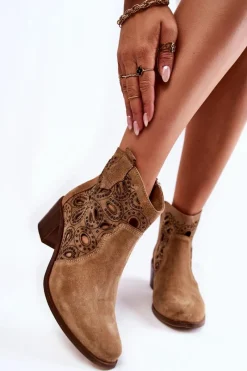 Botki Wiosenne|Botki Ażurowe>Boto Ażurowe Botki Zamszowe Lewski Shoes 3170/2 Beżowe