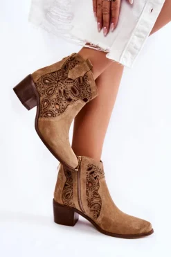 Botki Wiosenne|Botki Ażurowe>Boto Ażurowe Botki Zamszowe Lewski Shoes 3170/2 Beżowe