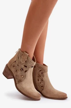 Best Boto Ażurowe Botki Zamszowe Lewski Shoes 3170/2 Beżowe