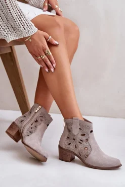 Clearance Ażurowe Botki Zamszowe Lewski Shoes 3170/2 Cappucino Damskie Botki Wiosenne|Botki Ażurowe