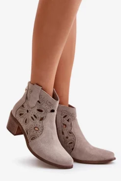 Clearance Ażurowe Botki Zamszowe Lewski Shoes 3170/2 Cappucino Damskie Botki Wiosenne|Botki Ażurowe