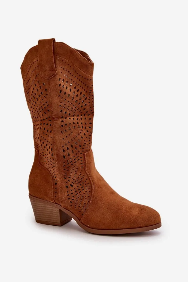 Online Boto Ażurowe Damskie Botki Kowbojki Na Obcasie Camel Iceda
