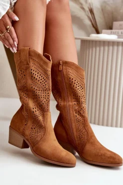 Online Boto Ażurowe Damskie Botki Kowbojki Na Obcasie Camel Iceda