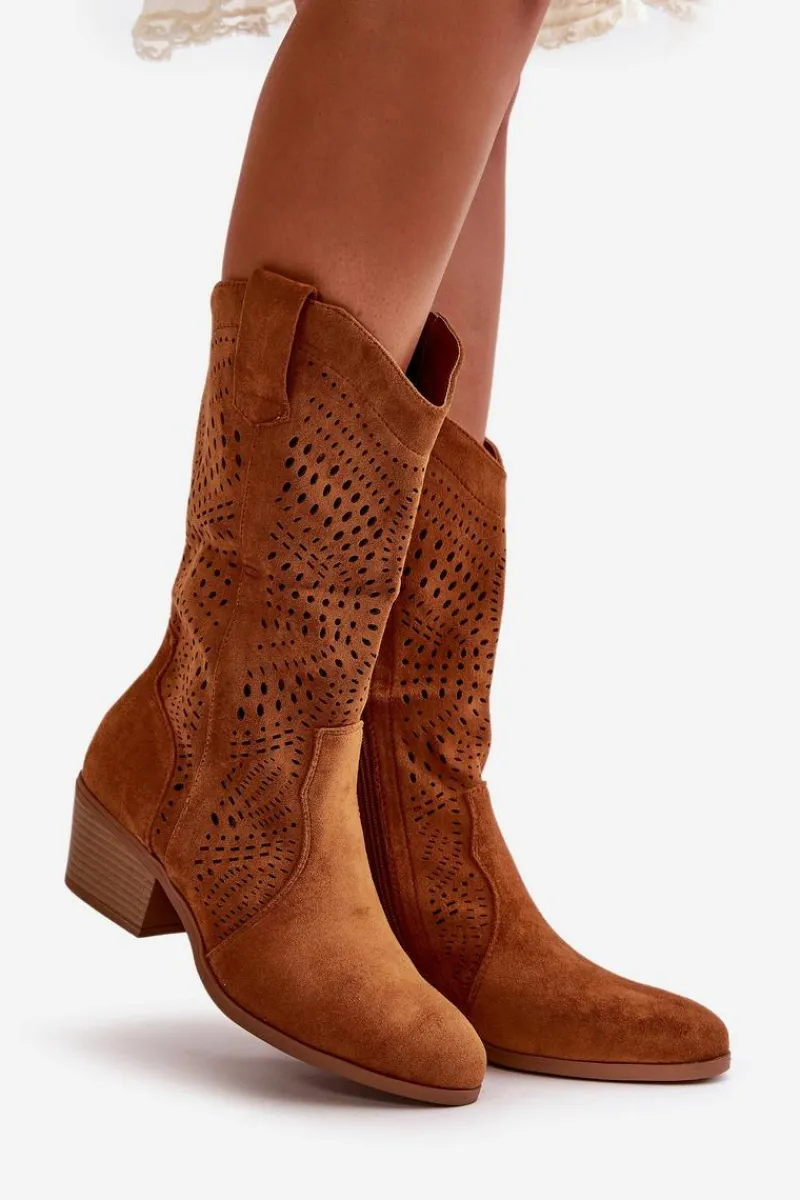 Online Boto Ażurowe Damskie Botki Kowbojki Na Obcasie Camel Iceda
