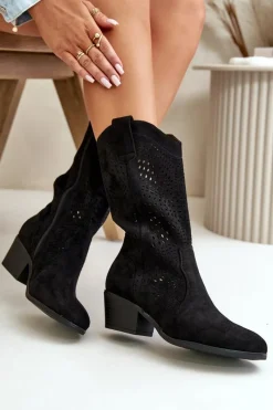 Botki Na Słupku|Botki Ażurowe>Boto Ażurowe Damskie Botki Kowbojki Na Obcasie Czarne Iceda